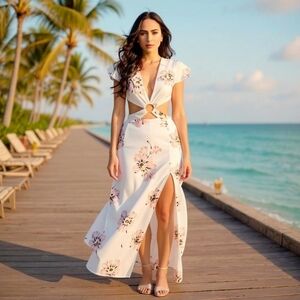 Solaris Style Cutout Maxi Dress–White & Pink Floral w/ Butterfly Sleeves L